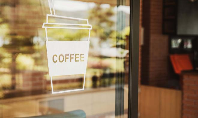 GMI Cut Lettering Coffee Cup Vinyl Windows Graphic on a Storefront Window